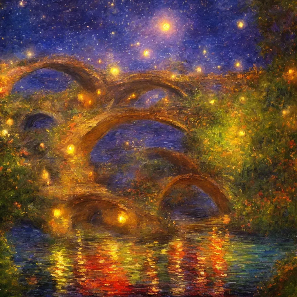 Image similar to fairyland bridge, outside of time and space, dreamy, romantic, night lighting, expressive impressionist style, highly detailed, 8 k