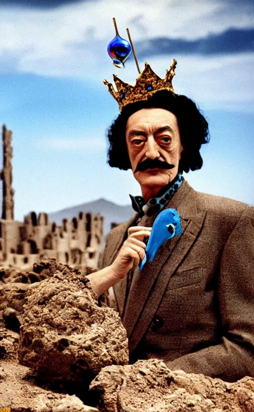 Prompt: salvador dali wearing a great crown with blue jewels and a scepter in a dry rocky desert landscape, visible sky and sunny atmosphere, alien city ruins in the background, film still from the movie by alejandro jodorowsky with cinematogrophy of christopher doyle and art direction by hans giger, anamorphic lens, kodakchrome, very detailed photo, 8 k