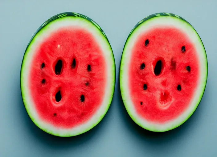 Image similar to photo still of a watermelon with human eyes and mouth, 8 k, studio lighting bright ambient lighting key light, 8 5 mm f 1. 8