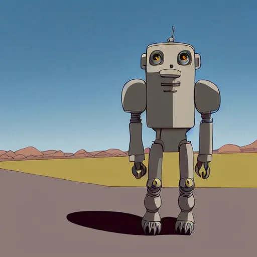 Image similar to a study of cell shaded cartoon of a grey robot baboon from howl's moving castle ( 2 0 0 4 ) on a desert road, full body, wide shot, very muted colors, post grunge, studio ghibli, laurie greasley, highly detailed, deviantart, art by artgem