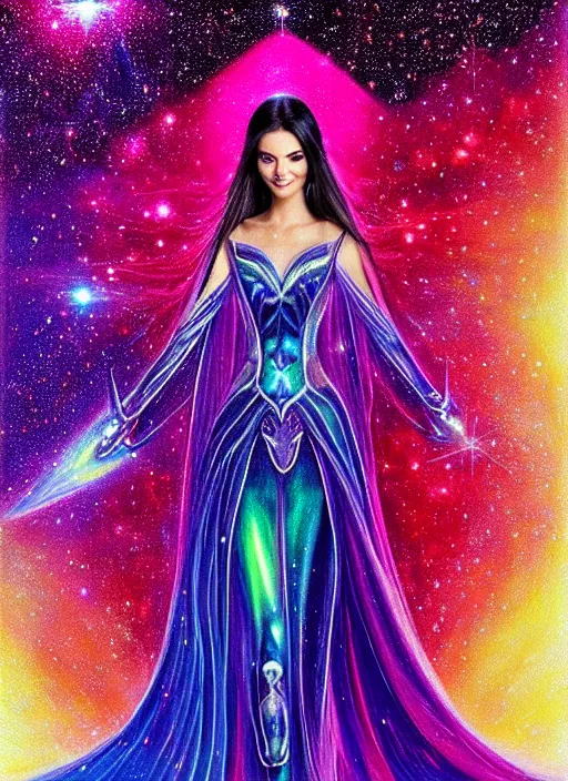 Prompt: elegantly sweet Victoria Justice as empress of pulsar stars. ultra detailed painting at 16K resolution and amazingly epic visuals. epically beautiful image. amazing effect, image looks gorgeously crisp as far as it's visual fidelity goes, absolutely outstanding. vivid clarity. ultra. iridescent. mind-breaking. mega-beautiful pencil shadowing. beautiful face. Ultra High Definition. godly shading diffusion. amazingly crisp sharpness. photorealistic 3D rendering on film cel processed twice..