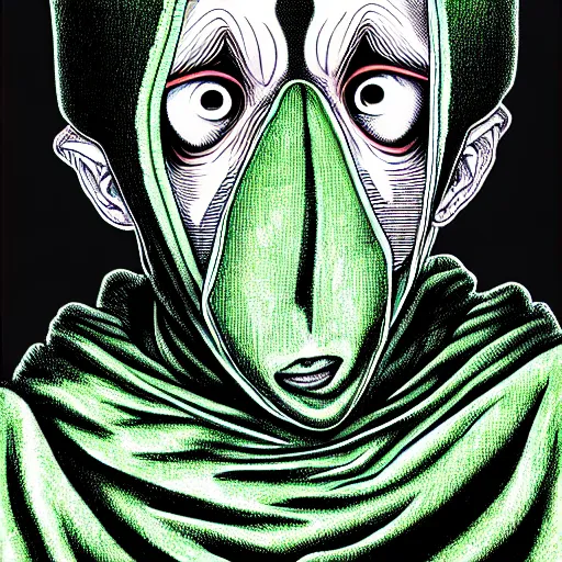 Image similar to portrait of programmer with green hood by junji ito