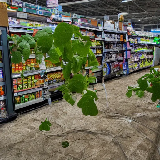 Image similar to a ransacked grocery store, broken signs, filthy flooring. Vines growing. Award-winning photo. OM system 12–40mm PRO II 40mm, 1/100 sec, f/2 8, ISO 800