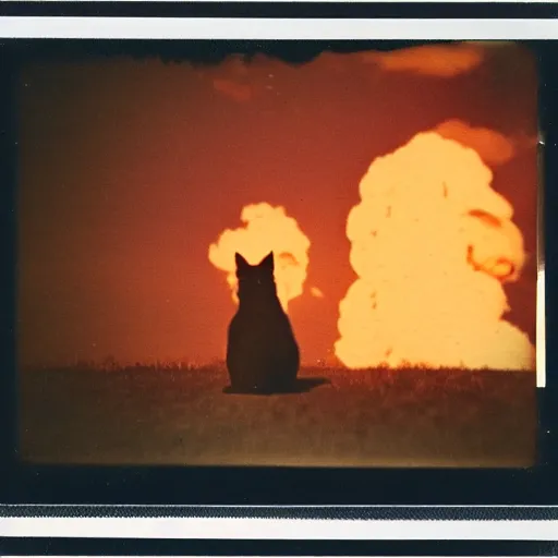 Image similar to polaroid photo of a cat watching a mushroom cloud in the background