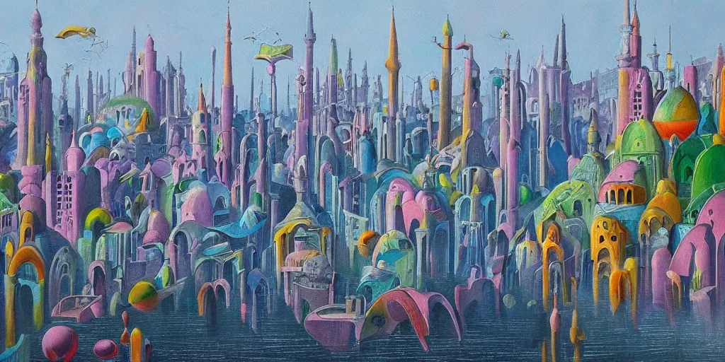 Image similar to a beautiful painting of islamic architecture, city landscape, colorful, louis kahn, fantasy, futuristic, by yves tanguy, trending on artstation