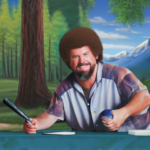 Image similar to a closeup photorealistic photograph of bob ross working on an image of kenny powers autographing a baseball on a canvas. mountains and trees. film still. brightly lit scene. this 4 k hd image is trending on artstation, featured on behance, well - rendered, extra crisp, features intricate detail, epic composition and the style of unreal engine.