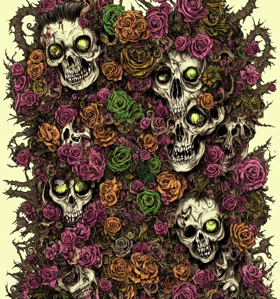 Prompt: zombie, punk rock, young male, grotesque, grotto, multicolored faces, fruit and flowers, gemstones for eyes, botanical, vanitas, sculptural, cartoon style, baroque, rococo, intricate detail, spiral, ornamental, kaleidoscopic, soft, atmospheric, frank frazetta