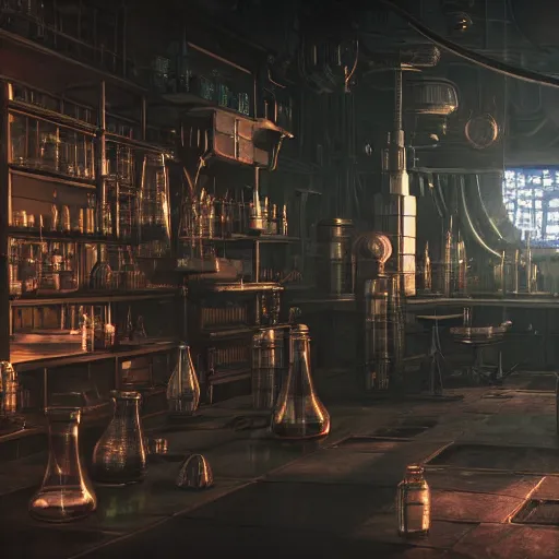 Image similar to cyberpunk alchemy laboratory full of potions, criri from the witcher. stunning 3 d render, flesh texture, realistic, highly detailed attributes and atmosphere, dim volumetric cinematic lighting, 8 k octane detailed render, post - processing, masterpiece, rtx on, rendering on unreal engine