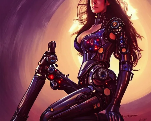 Prompt: young elizabeth hurley as a gorgeous cyborg terminator being caught by the kraken, photography of kurzgesagt, deep focus, d & d, fantasy, intricate, elegant, highly detailed, digital painting, artstation, concept art, matte, sharp focus, illustration, hearthstone, art by artgerm and greg rutkowski and alphonse mucha
