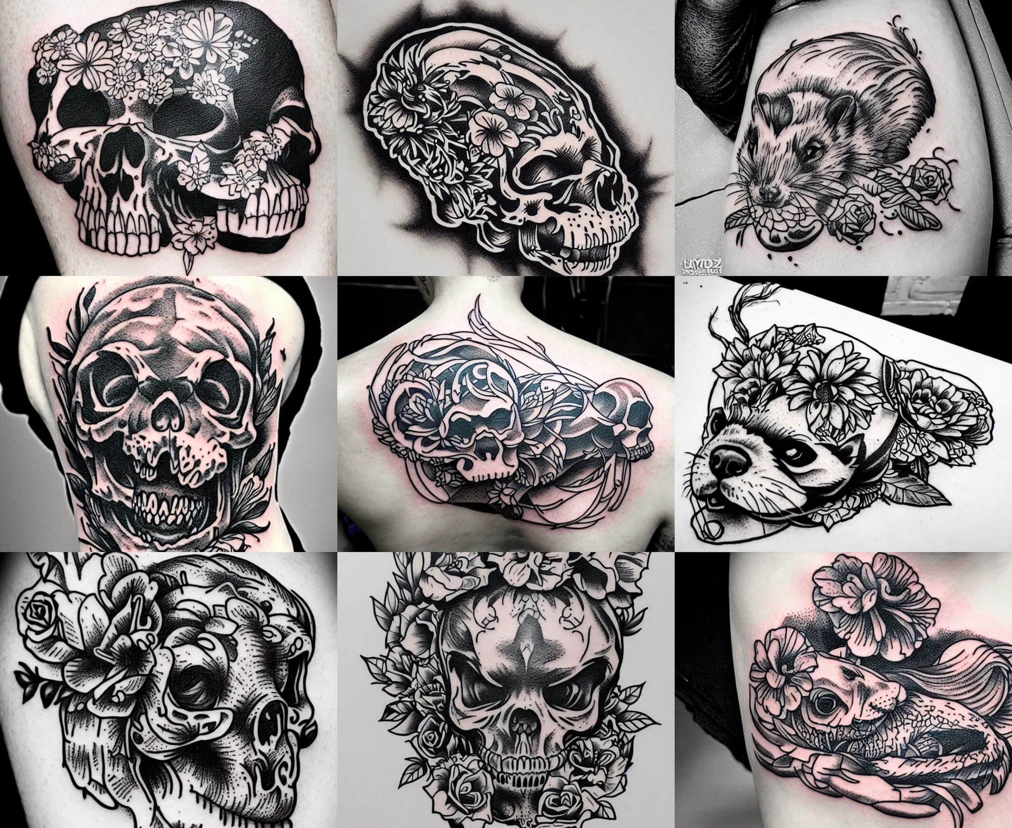 Image similar to detailed amazing tattoo stencil of a floral ferret crawling on a human skull