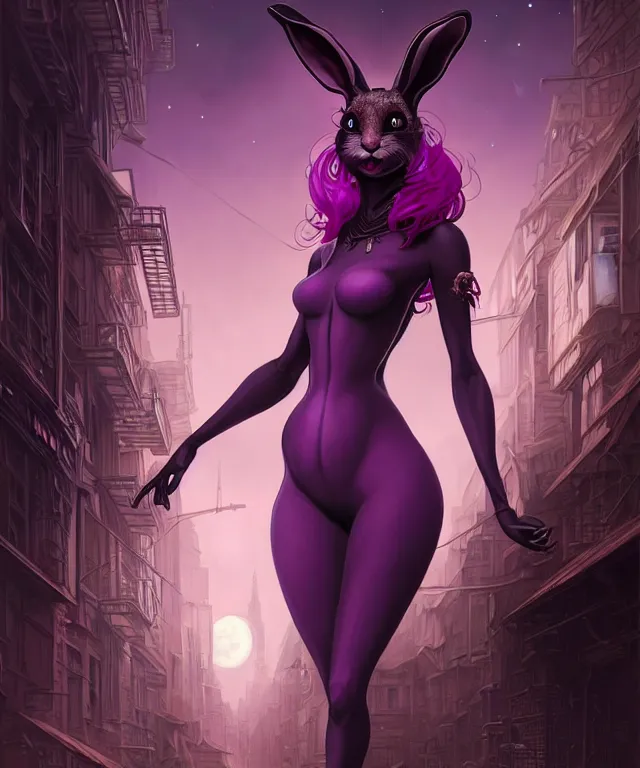 Image similar to anthropomorphic female Rabbit, eastern european origin, sci-fi, pink eyes, face, black and purple hair, fantasy, intricate, elegant, new york alleyway, moonlit, highly detailed, digital painting, artstation, concept art, smooth, sharp focus, illustration, art by artgerm and greg rutkowski and alphonse mucha