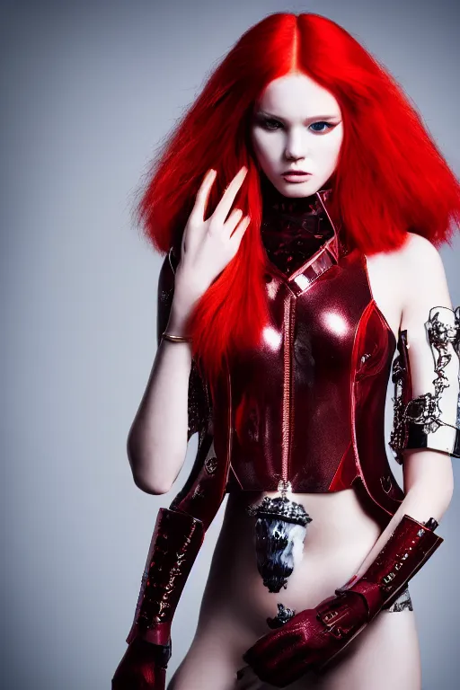 Image similar to very beautiful demon top model, red hair, wearing louis vuitton armor, luxury materials, symmetrical, cinematic, elegant, professional studio light, real dlsr photography, sharp focus, 4 k, ultra hd, sense of awe, high fashion