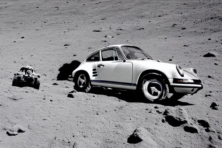 Prompt: vintage photo of a porsche 911 on the moon being driven by an astronaut. apollo moon landing