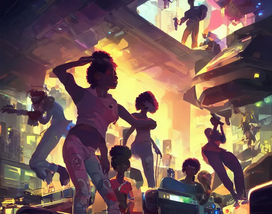 Image similar to afro - futuristic gamers, game consoles and joysticks, hacking the multiverse of gaming | hyperrealistic oil painting | by makoto shinkai, ilya kuvshinov, lois van baarle, rossdraws | afrofuturism, in the style of ernie barnes, trending on artstation | dark color scheme