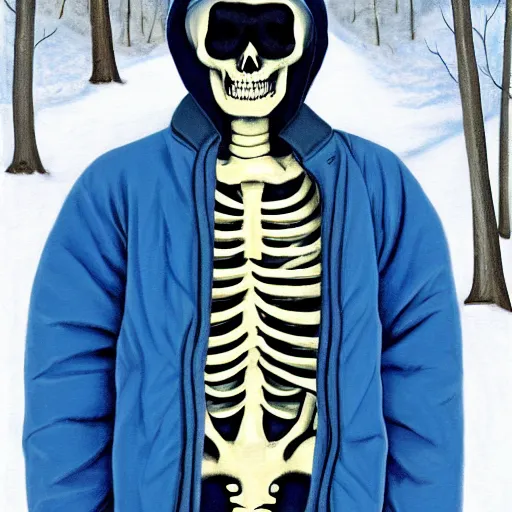 Prompt: skeleton wearing blue puffy jacket, classic painting, snowy woods background