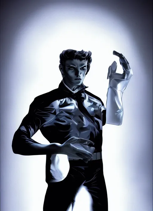 Prompt: aesthetic digital illustration of a handsome young man in an empty white room by brian bolland, rachel birkett, alex ross, and neal adams | sinister, dangerous, headshot, character concept, concept art, unreal engine, finalrender, centered, deviantart, artgerm