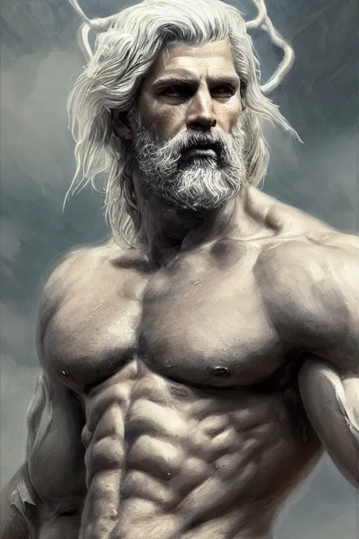 Image similar to painted portrait of rugged zeus, god of thunder, greek god, white hair, masculine, mature, handsome, upper body, muscular, hairy torso, fantasy, intricate, elegant, highly detailed, digital painting, artstation, concept art, smooth, sharp focus, illustration, art by gaston bussiere and greg rutkowski