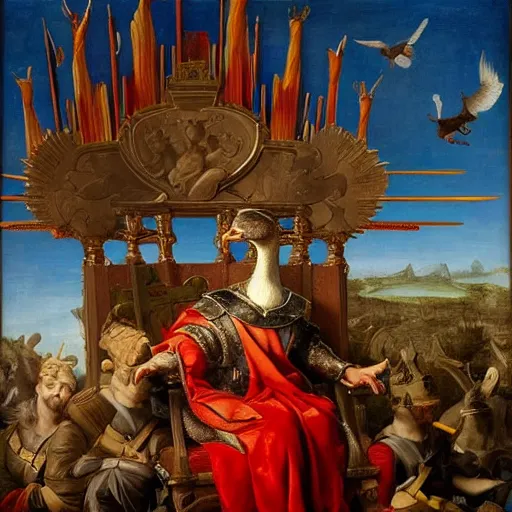 Image similar to a goose sitting on a throne made of swords, renaissance painting, detailed rendering, red lighting, ominous atmosphere