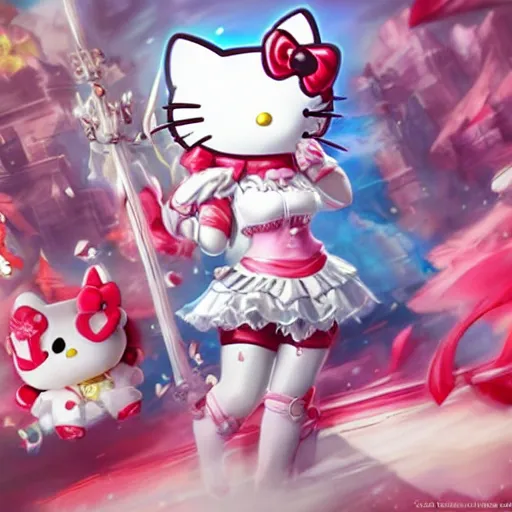 Image similar to Hello Kitty as a League of Legends character, by Stanley Artgerm Lau, WLOP, Rossdraws, James Jean, Andrei Riabovitchev, Marc Simonetti, Yoshitaka Amano, ArtStation, CGSociety,