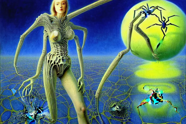 Image similar to realistic extremely detailed portrait painting of a fully dressed woman with a giant spider, futuristic sci-fi landscape on background by Jean Delville, Amano, Yves Tanguy, Ernst Haeckel, Edward Robert Hughes, Roger Dean, rich moody colours, blue eyes