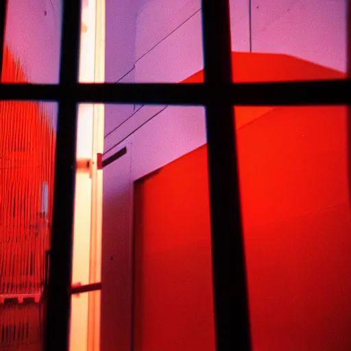 Image similar to noisy color photograph of a retrofuturist modern liminal space, laboratory, prison, red lights, automatic doors, minimalist, cinematic, soft vintage glow