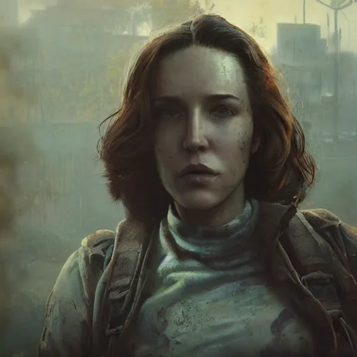 Image similar to fallout 5, charismatic beautiful rugged brunette female protagonist, portrait, outdoors ruined cityscape, atmospheric lighting, painted, intricate, volumetric lighting, beautiful, daytime, sunny weather, slight overcast, sharp focus, deep colours, ultra detailed, by leesha hannigan, ross tran, thierry doizon, kai carpenter, ignacio fernandez rios