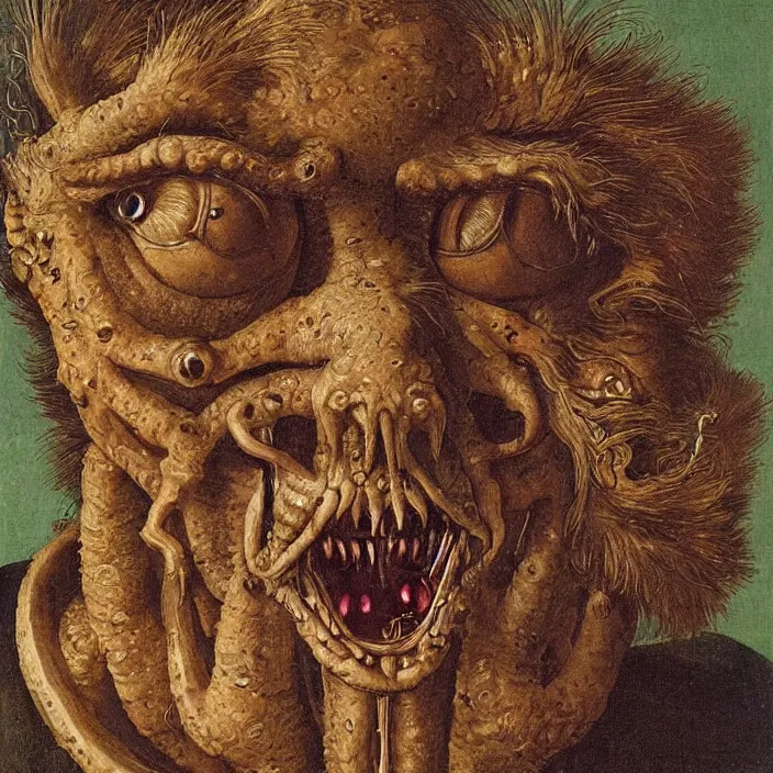 Image similar to close up portrait of a mutant monster creature with crooked boar - like teeth, flower iris eyes, ingrown nose, spidery mustache, lace and manbun. jan van eyck