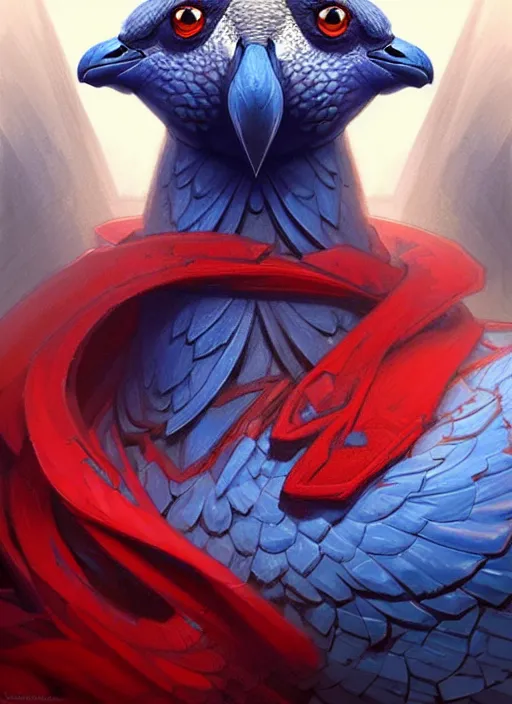 Image similar to portrait of aggressive pigeon, d & d, muscular! blue and red, fantasy, intricate, elegant, highly detailed, digital painting, artstation, concept art, smooth, sharp focus, illustration, art by artgerm and greg rutkowski and alphonse mucha