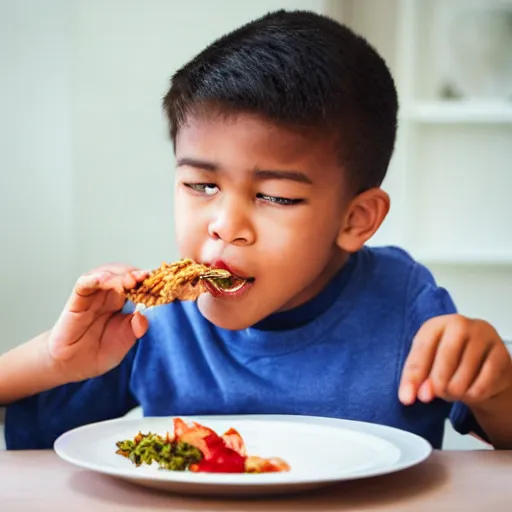 Prompt: boy eating his dinner