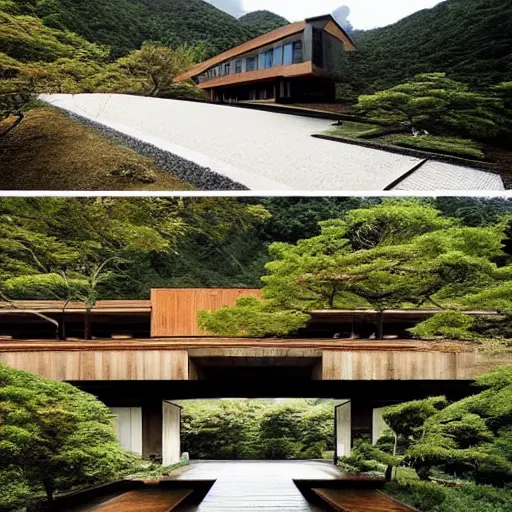 Image similar to “extravagant luxury mountain home, in Hakone, by Tadao Ando, modern rustic, rotenburo, water feature, bonsai”