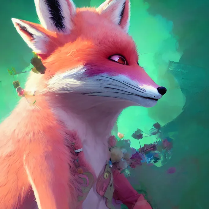 Prompt: a beautiful headshot portrait of a cute anime male fox boy with pink and green fur. character design by cory loftis, fenghua zhong, ryohei hase, ismail inceoglu and ruan jia. artstation, volumetric light, detailed, photorealistic, fantasy, rendered in octane