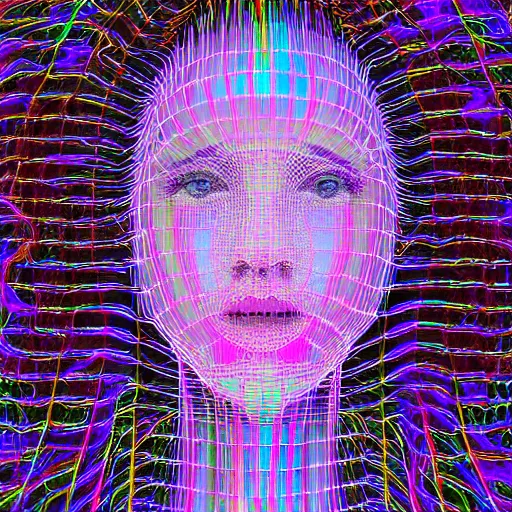 Prompt: portrait of a woman inspired by data - driven art, three dimensional, generative, self - confidence, electrons, coding, particle waves, spirals