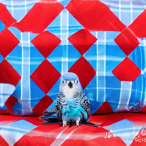 Image similar to Blue budgies wearing red and black checkered shirt, professional photography, studio lighting, 4k