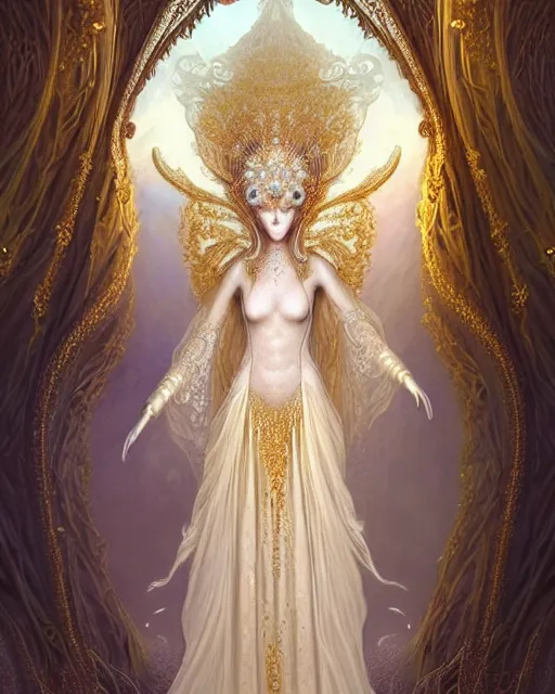 Image similar to beautiful ethereal maiden in a ivory masquerade mask intricate ornate fractal-lace and gemstones, wearing stunning ivory dress, ivory gold iridescent, full view, soft lighting, vivid, Hyperdetailed, 4k hd matte painting by Artgerm, Greg Rutkowski, Klimt, James Jean, 8k resolution, enchanting and otherworldly, Artstation, CGsociety, detailed, front view