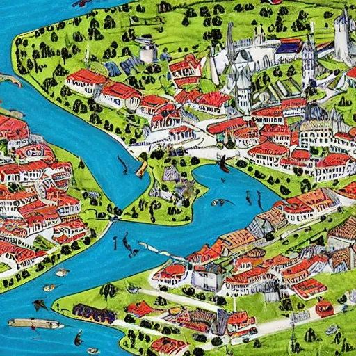 Image similar to map of bustling medieval town along a river, detailed