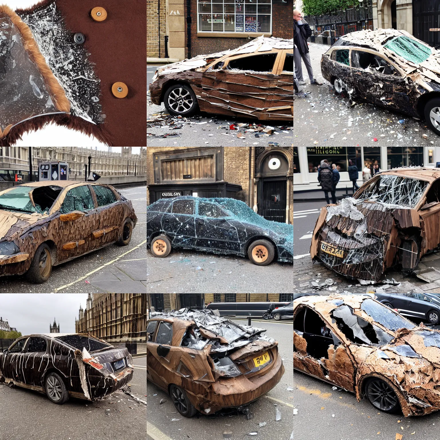Prompt: Caveman wooden club Pelt coat in London shattered glass damaged car