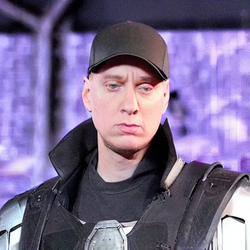 Prompt: eminem wearing a futuristic armored mask with large a large video screen image of eminem where his face should be, and he is wearing black leather exoskeleton mechanical body armor. a mini - gun is attached to the end of a robot arm that mounted on his shoulder - h 6 4 0