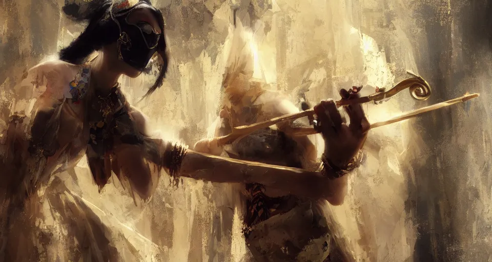 Prompt: craig mullins and ghibli digital art of a masked female play violin ， exotic costumes, gold jewelry, black hair, realistic shading, cinematic composition, realistic render, octane render, detailed textures, photorealistic, wide shot