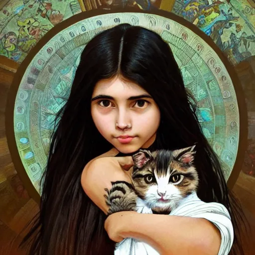 Prompt: cute emo peruvian woman, with long dark hair, thick eyebrows!!! dark eyes and dark circles!, wide nose!!!, big eyes, oval face shape, big cheeks!, she is holding a cat in her arms, by juan villafuerte, greg rutkowski and alphonse mucha, pexels contest winner, high quality photo, hd rtx