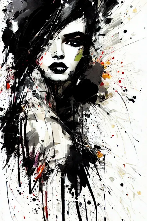 Prompt: painted illustration of a pretty girl in black ink by Russ Mills energetic brush strokes