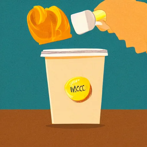 Image similar to a hand drawn illustration of a box of mac and cheese holding a cup coffee