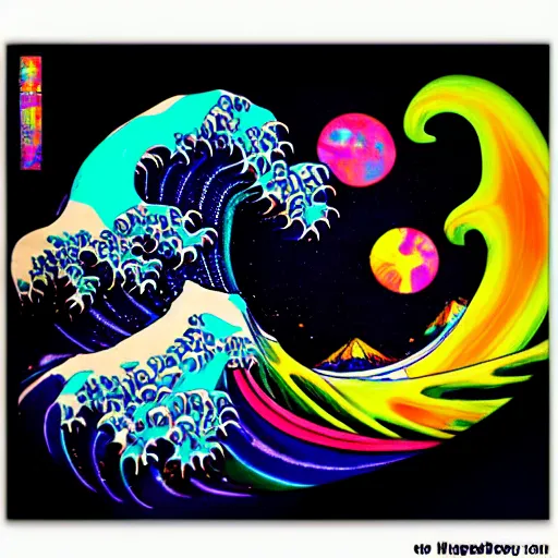 Prompt: paint pour, marbling, very detailed, 8k 4k, cosmic nebula, alien worlds, sherbert sky, glowing rainbow neon ink, deep color hokusai the great wave synthwave style