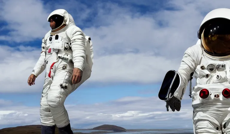 Image similar to astronaut tourist wearing futuristic space suit, standing in the Isle of Harris, Scotland, a futuristic spaceship in the background, wide angle lens, photorealistic