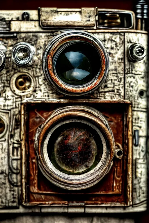 Image similar to A photo of an antique opened camera with film, vacuum tubes, capacitors and coils inside by Annie Lebovitz and Steve McCurry, grungy, weathered Ultra detailed, hyper realistic, 4k