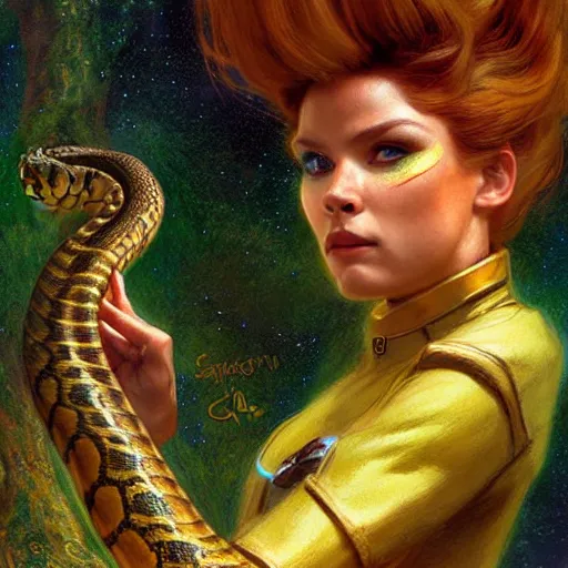 Prompt: a female snake in starfleet uniform at night in a dark forest. zootopia fursona furaffinity scaly art detailed face painting by gaston bussiere craig mullins jc leyendecker gustav klimt artgerm greg rutkowski furry