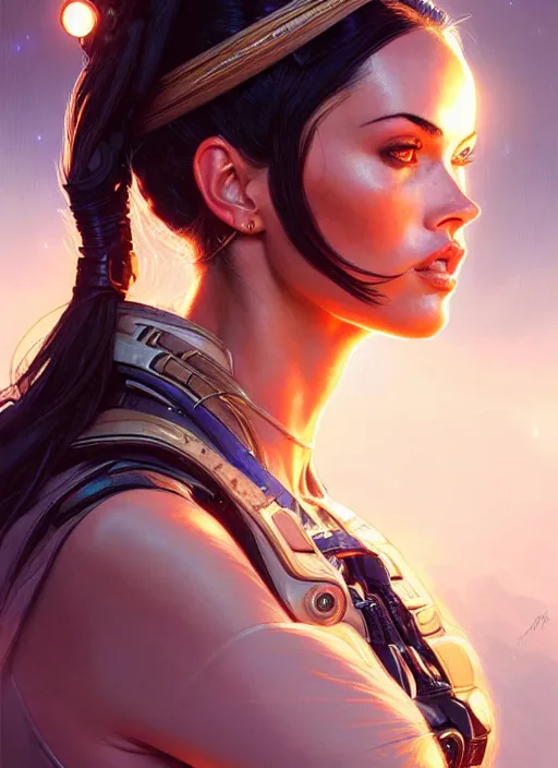 Image similar to portrait of apex legends megan fox, intricate, elegant, glowing lights, highly detailed, digital painting, artstation, glamor pose, concept art, smooth, sharp focus, illustration, art by artgerm and greg rutkowski, artey freytag