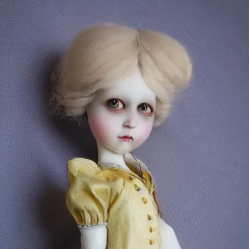 Prompt: alice in wonderland. porcelain doll. fragile. pastels. alabaster skin. realistic, skin - like matte finish. french doll. bisque. gold paint accents. photorealistic