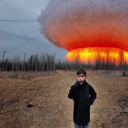 Image similar to radiation eats a ukrainian and his children alive wild pain and desperate selfies, everyone is dressed in dirty blue - yellow rags against the backdrop of a huge nuclear explosion from which the skin has already burned to the bone