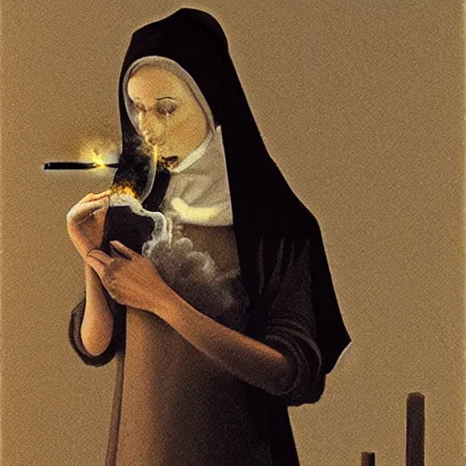 Image similar to a young adult black nun smoking and puffing lots of smoke, minimalistic background, by Beksinski