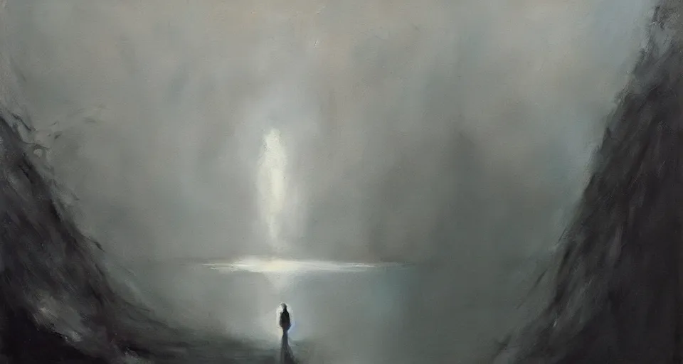 Prompt: she peers into the abyss and sees the abyss looking back at her, dramatic cinematic lighting, smooth, sharp details, intricate, sad and powerful painting by beksinski and ruan jia and greg rutkowski